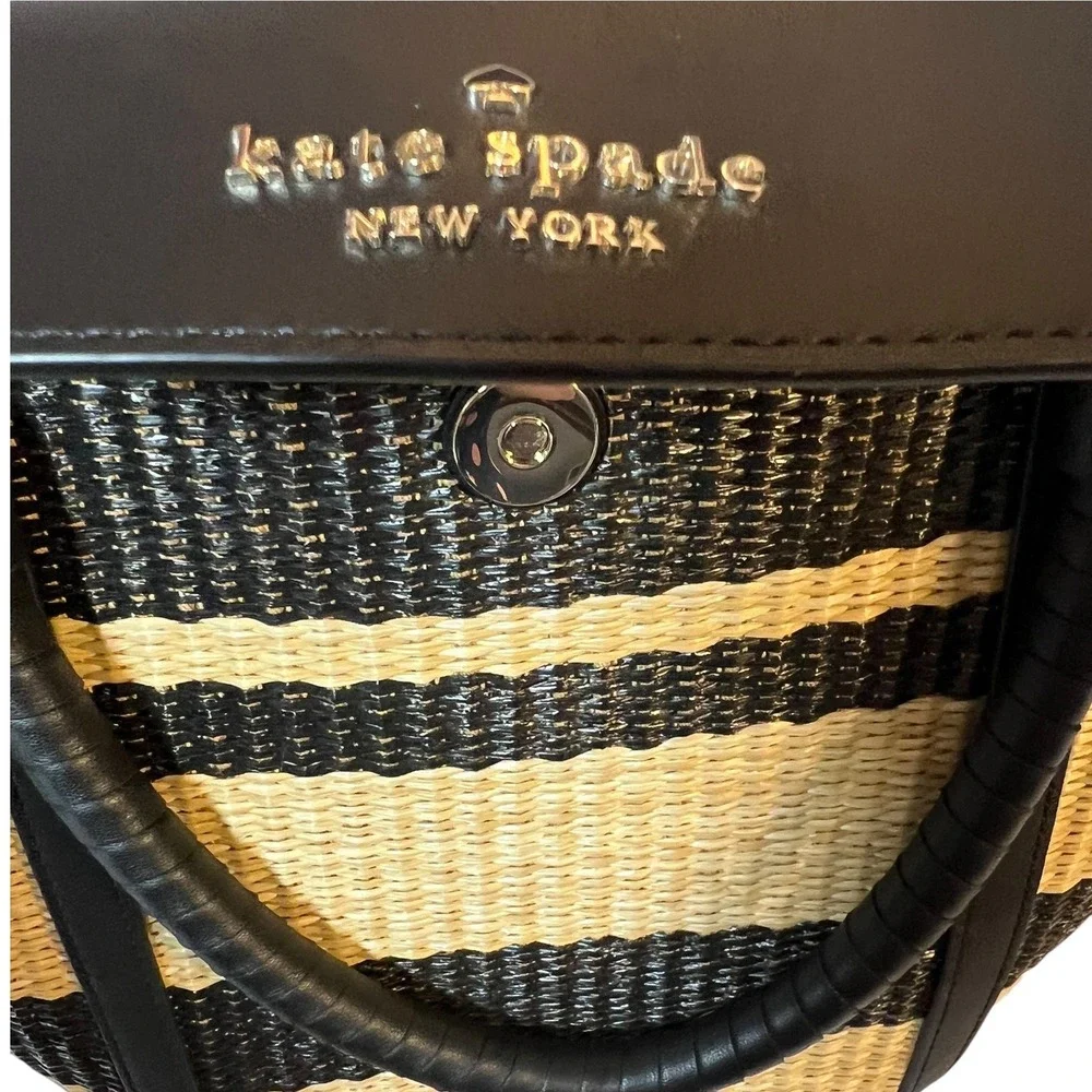 Kate Spade New York Striped Woven Straw Raffia Tote Shoulder Bag Black
